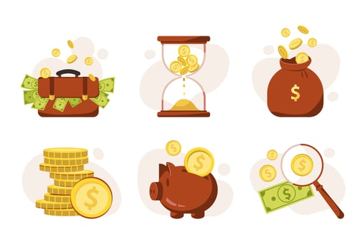 Investment illustration icons. Cash savings, earnings, business investments, profit. Business concept. Coins and bills. Flat vector illustration