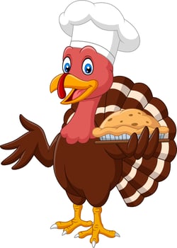 Cartoon turkey holding a pie vector