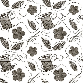 Seamless pattern of thread, needles and embroidery, hand-drawn doodle elements in sketch style. Monochrome black and white palette. Sewing thread, needle. Sewing. Embroidering. Flowers and leaves vector