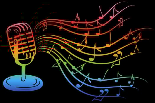 Karaoke music icon in doodle style. Vintage microphone with notes vector cartoon illustration on black isolated background. Audio equipment concept with bright rainbow melody effect