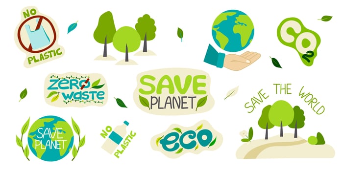 Collection of environmental illustrations with slogans-zero waste, waste recycling, ecology, save the planet, save the world. Set of decorative design elements on a Flat style, vector illustration.