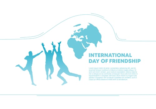 International friendship day background banner poster with three happy people friends and world map isolated on white background. vector