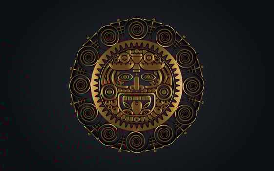 Sacred Mayan sun god, Aztec wheel calendar, Maya symbols ethnic mask in gold color. Golden round frame border old logo icon vector illustration isolated on black background