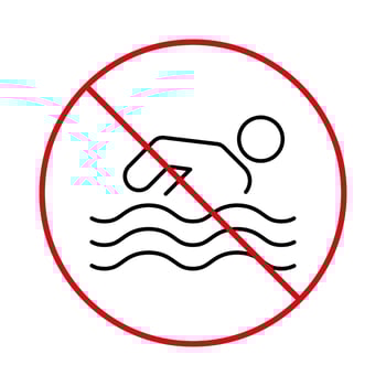 Warning Sign Ban Swim Zone Black Line Icon. Prohibit Swim Zone. Caution Forbid Danger Swim Area Beach Pictogram. No Allowed Deep Water Dive Red Stop Circle Symbol. Isolated Vector Illustration.