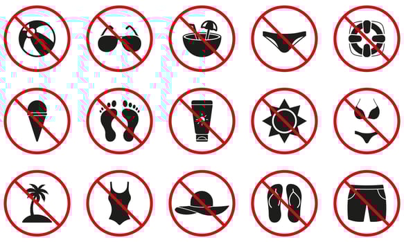 Ban Summer Swim Beach Zone Black Silhouette Icon Set. Forbidden Sun Glasses Pictogram. Caution No Beach Area Red Symbol. No Allowed Beach Wear Sign. Prohibited Swimwear. Isolated Vector Illustration.