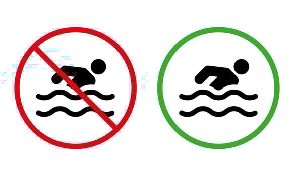 Caution Swim Zone Black Silhouette Icon. Notice Forbidden Swimmer Pictogram. Permit Green Circle Symbol. Beach No Allowed People Swim Sign. Warning Danger Water Wave. Isolated Vector Illustration.