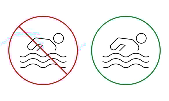 Caution Swim Zone Black Line Icon. Notice Forbidden Swimmer Pictogram. Permit Green Circle Symbol. Beach No Allowed People Swim Sign. Warning Danger Water Wave. Isolated Vector Illustration.