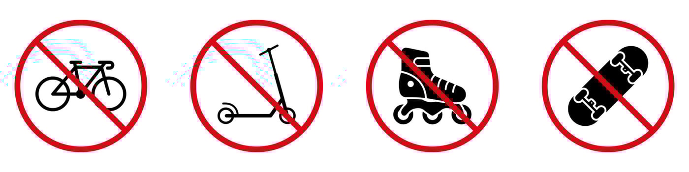 Prohibit Wheel Push Transport. Ban Rollerskate Skate Board Kick Scooter Bike Black Silhouette Icon Set. Forbid Roller Skate Pictogram. No Allowed Bicycle Red Stop Sign. Isolated Vector Illustration.