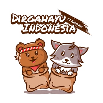 cute illustration of bear and wolf sack race indonesia independence day vector