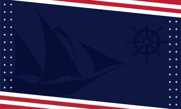 Columbus Day Background With American Flag Colors And Silhouette Of Sailing Ship And Steering Wheel. Columbus Day sale promotion, flyer, poster, banner, template etc vector