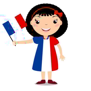 Smiling child, girl, holding a France flag isolated on white background. Vector cartoon mascot. Holiday illustration to the Day of the country, Independence Day, Flag Day.