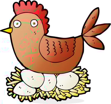 cartoon hen on eggs vector