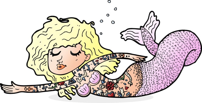 cartoon mermaid covered in tattoos vector