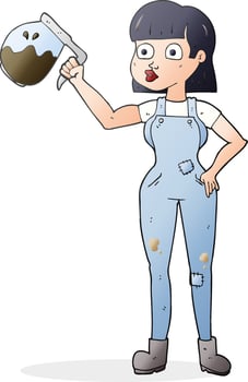 cartoon woman in dungarees with coffee vector