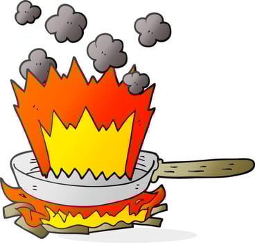 freehand drawn cartoon frying pan on fire vector