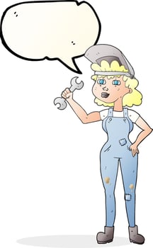 freehand drawn speech bubble cartoon woman with spanner vector