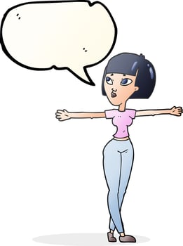 freehand drawn speech bubble cartoon woman spreading arms vector
