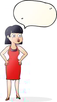 freehand drawn speech bubble cartoon woman in dress with hands on hips vector
