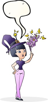 freehand drawn speech bubble cartoon witch casting spell vector