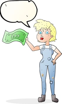 freehand drawn speech bubble cartoon confident farmer woman with money vector