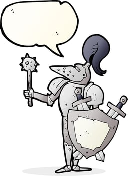 freehand drawn speech bubble cartoon medieval knight with shield vector