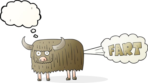 freehand drawn thought bubble cartoon hairy cow farting vector