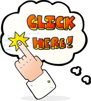 freehand drawn thought bubble cartoon click here sign with finger vector