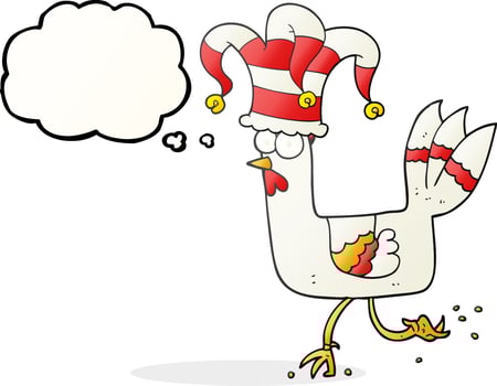 freehand drawn thought bubble cartoon chicken running in funny hat vector