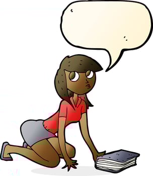 cartoon girl picking up book with speech bubble vector