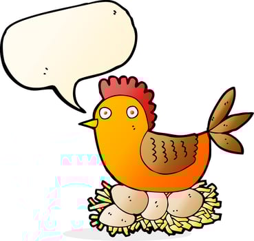 cartoon hen on eggs with speech bubble vector