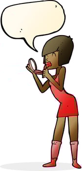 cartoon woman applying lipstick with speech bubble vector