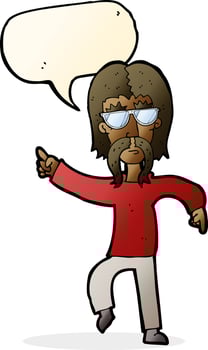 cartoon hippie man wearing glasses with speech bubble vector