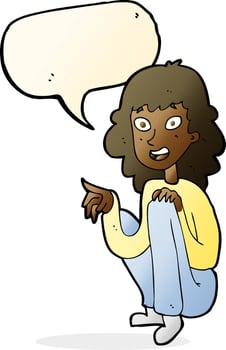 cartoon happy woman sitting and pointing with speech bubble vector