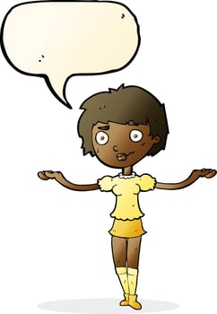cartoon woman spreading arms with speech bubble vector