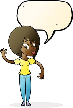 cartoon woman waving with speech bubble vector