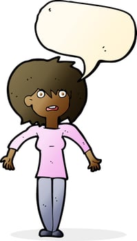 cartoon woman shrugging shoulders with speech bubble vector