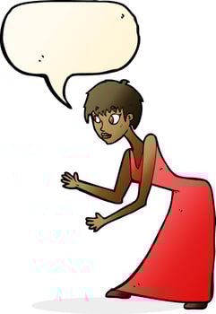 cartoon woman in dress gesturing with speech bubble vector