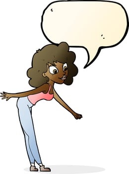 cartoon woman reaching to pick something up with speech bubble vector