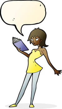 cartoon woman reading book with speech bubble vector