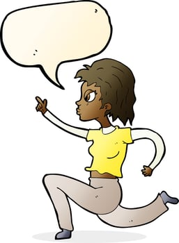 cartoon woman running and pointing with speech bubble vector