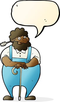cartoon farmer leaning on walking stick with speech bubble vector