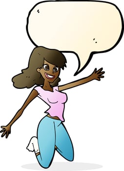 cartoon jumping woman with speech bubble vector
