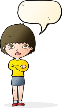 cartoon woman with crossed arms with speech bubble vector