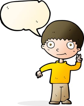 cartoon boy giving peace sign with speech bubble vector
