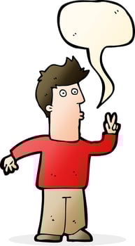 cartoon man giving peace sign with speech bubble vector