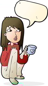 cartoon woman sitting with cup of coffee with speech bubble vector