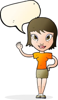cartoon woman waving with speech bubble vector