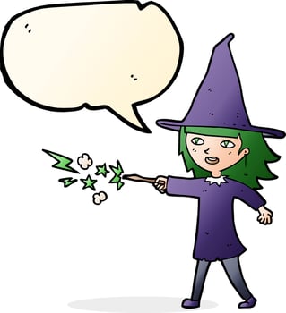 cartoon witch girl casting spell with speech bubble vector