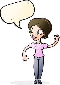 cartoon woman waving with speech bubble vector