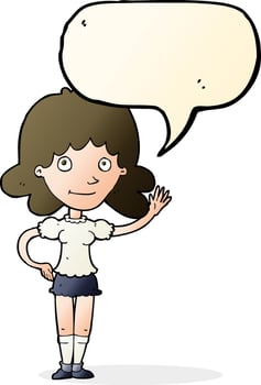 cartoon woman waving with speech bubble vector